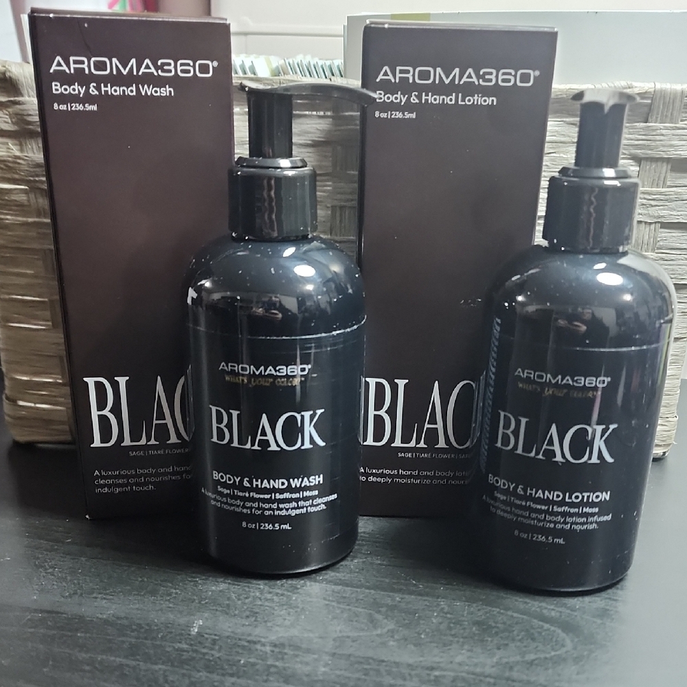 NWT Aroma360 Set Of 2 Black Body & Hand Wash & Black Body & Hand Lotion